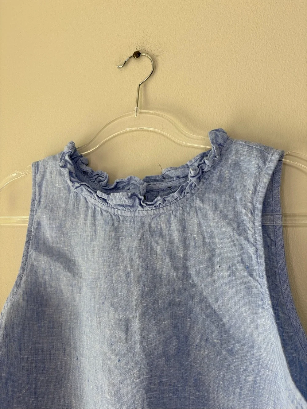 J. Crew Linen Chambray Blue Ruffle Neck Sleeveless Top - Picture 7 of 14